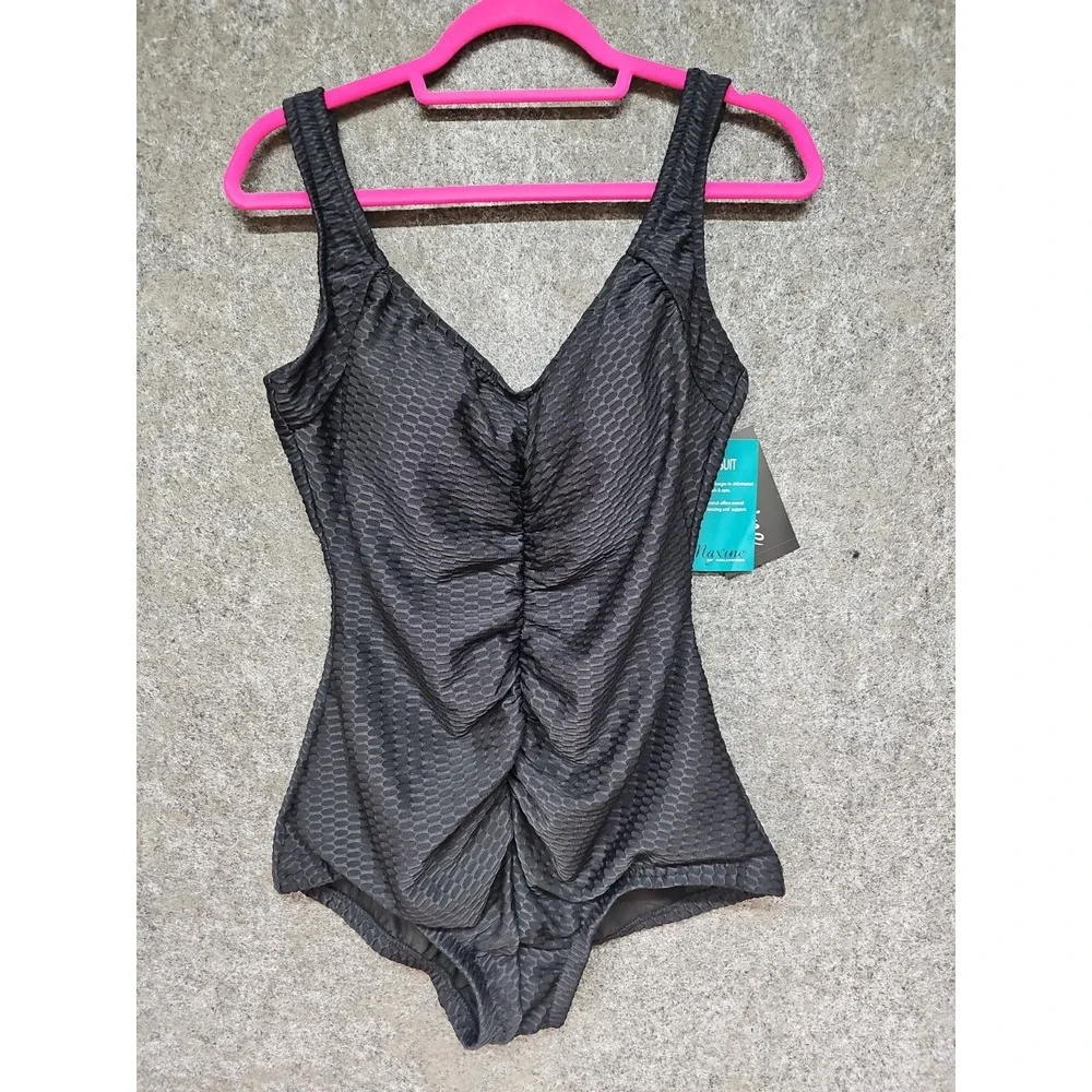 Maxine Of Hollywood Textured Spa Shirred Swimsuit, Girl Leg, Black, Size 14, New